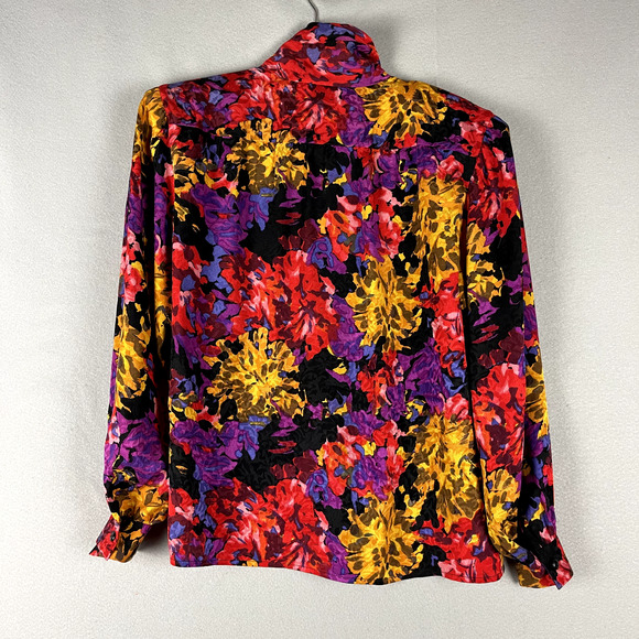 Carlisle Floral 100% Silk Top Womens 10 Blouse Colorful Bright Shoulder Pads - Picture 12 of 16